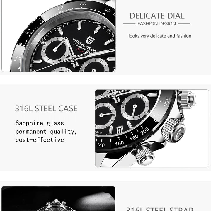 PAGANI DESIGN 2024 New PD-1644 Meteorite Dial Fashion Men Quartz Wristwatches 100M Sapphire Glass Chronograph relogio masculino