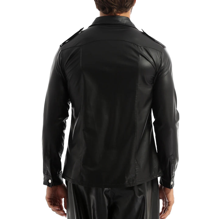 Fashion Nightclub Wear Men Men's Dress Shirts Trend Wet Look Patent Leather Long Sleeve Slim Fit T-shirt Top Coat Cosplay