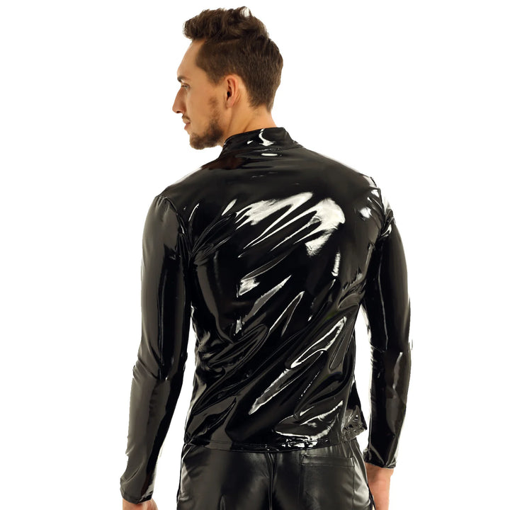 Fashion Nightclub Wear Men Men's Dress Shirts Trend Wet Look Patent Leather Long Sleeve Slim Fit T-shirt Top Coat Cosplay