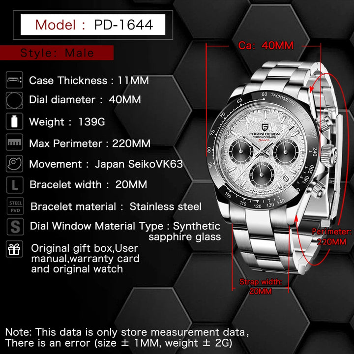 PAGANI DESIGN 2024 New PD-1644 Meteorite Dial Fashion Men Quartz Wristwatches 100M Sapphire Glass Chronograph relogio masculino