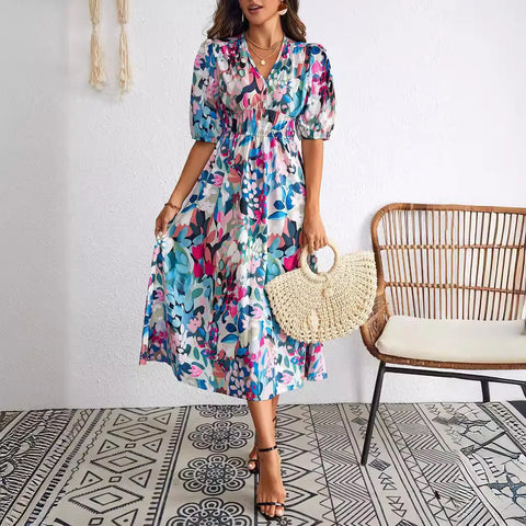New Boho Floral Print Midi Dress Women Fashion V-neck Short Sleeve Dresses For Women 2025 Summer Casual Holiday Long Dress