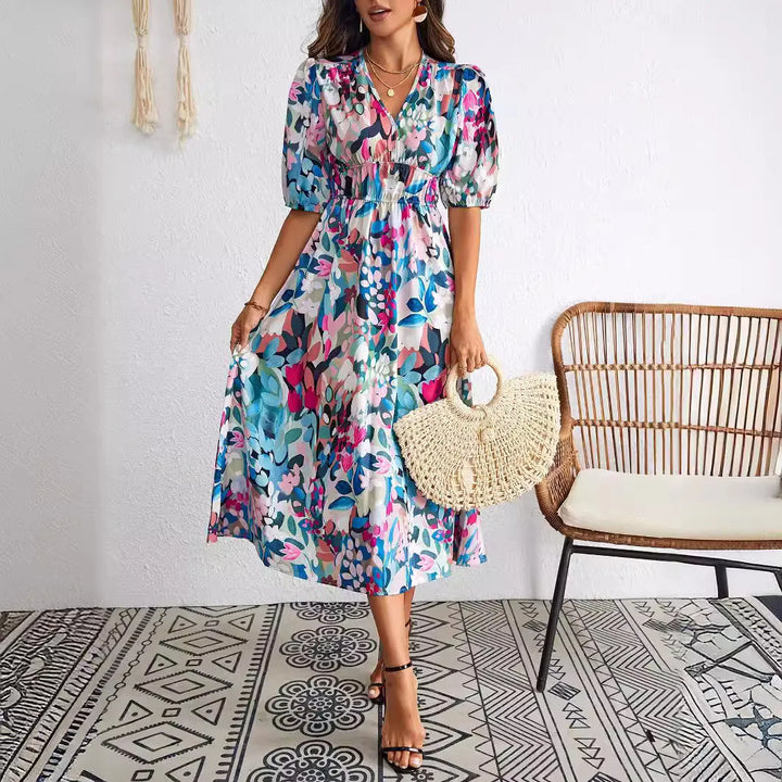 New Boho Floral Print Midi Dress Women Fashion V-neck Short Sleeve Dresses For Women 2025 Summer Casual Holiday Long Dress