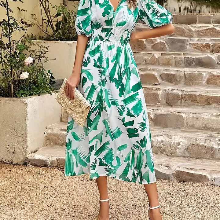 New Boho Floral Print Midi Dress Women Fashion V-neck Short Sleeve Dresses For Women 2025 Summer Casual Holiday Long Dress
