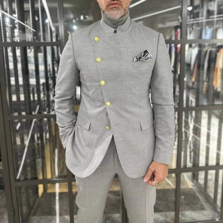 Fashion Men Suits 2 Piece Jacket Pants Solid Color Single Breasted Stand Lapel Casual Blazer Formal Occasion Costume Homme Terno