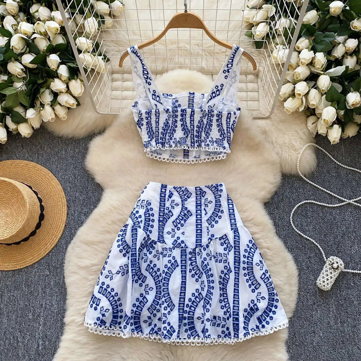 Holliday Midi Dress White Two Piece Sets Women Summer Crop Tops Short Skirts Suits Embroidery Hollow Out Beach Cotton Vestidos