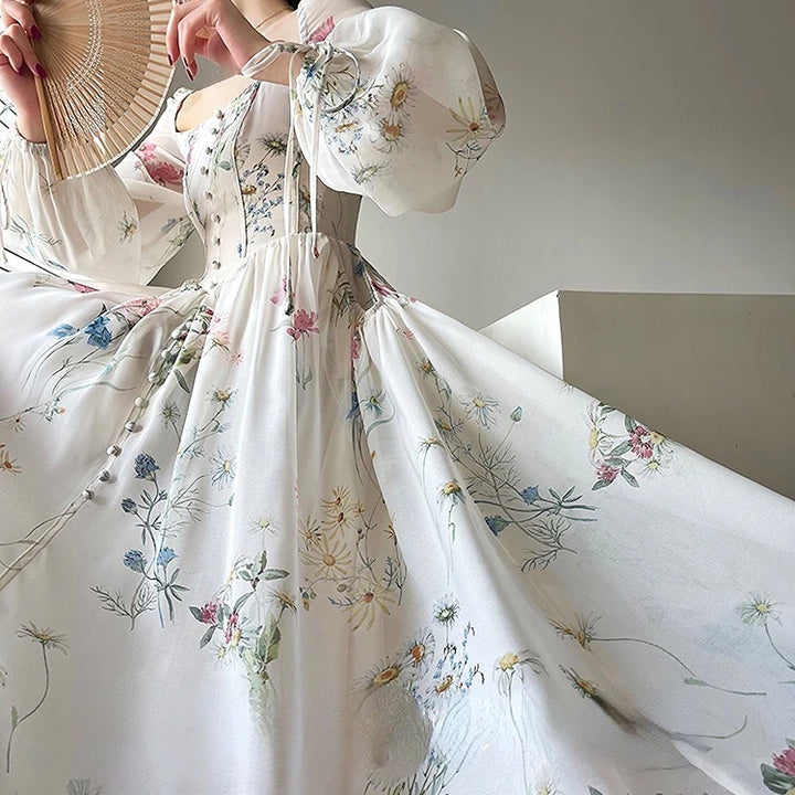 Vintage Floral Midi Dress Women Elegant Party Square Collar Dresses Summer Beach Fairy Korean Long Sleeve Bodycon Vestidos New