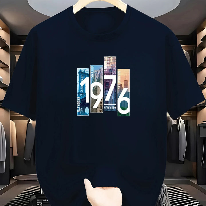 Men's Fashion T-Shirt 1976 Print Trendy Street Sport Top Casual Comfortable Men'swear for Youth