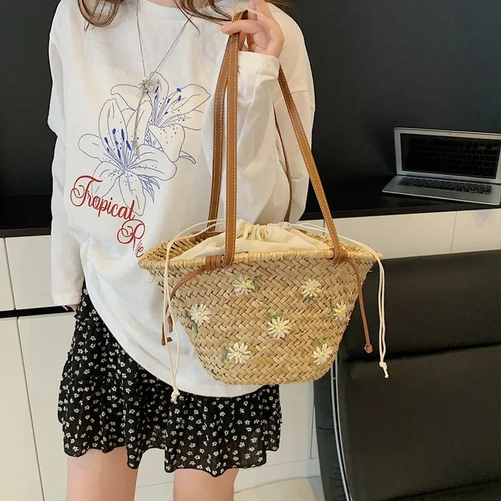 Summer Straw Handbag Boho Beach Shoulder Bag Woven Bucket Shopping Bag Handmade Rattan Bag Lady Top Handle Tote 2 set Handbag