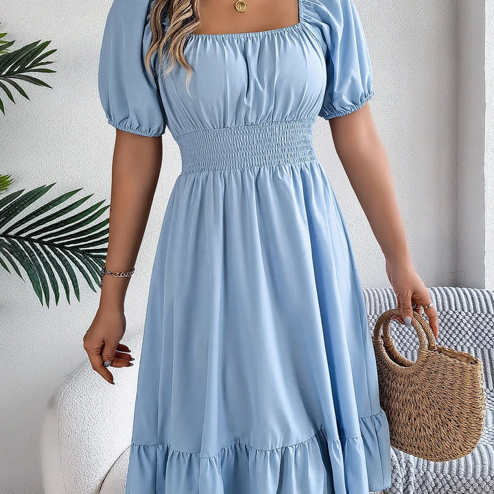 Women's MIidi Dresses 2025 Summer Casual Square Neck Short Sleeved Waist Ruffle Edge Dress Dress Women Elegant Платья Женские