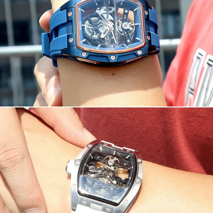 MEGIR Men's Automatic Mechanical Watch with Stainless Steel Case Silicone Band Skeleton Dial Waterproof Sport Wristwatch