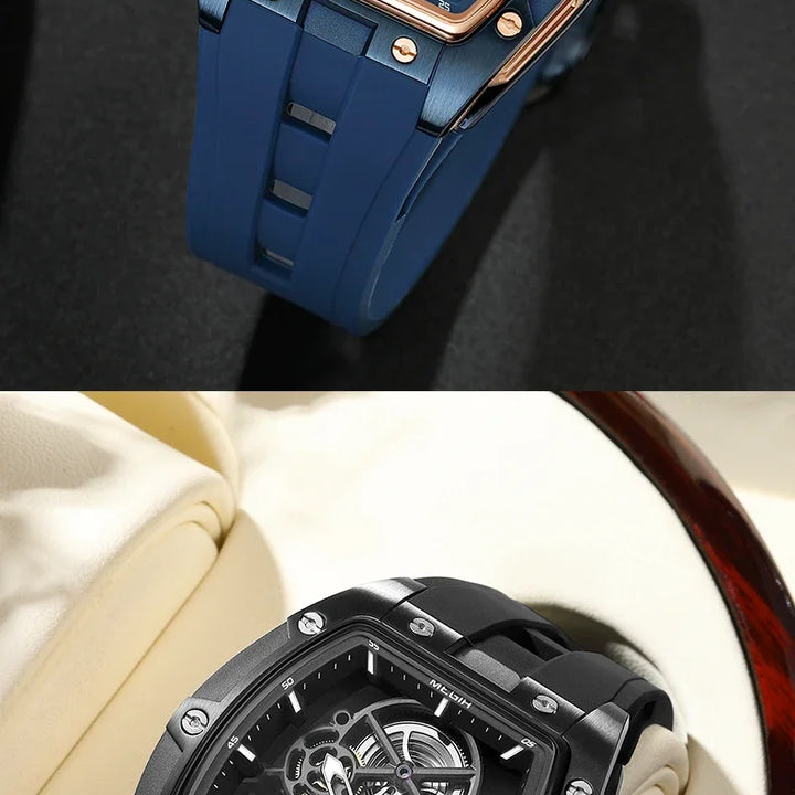 MEGIR Men's Automatic Mechanical Watch with Stainless Steel Case Silicone Band Skeleton Dial Waterproof Sport Wristwatch