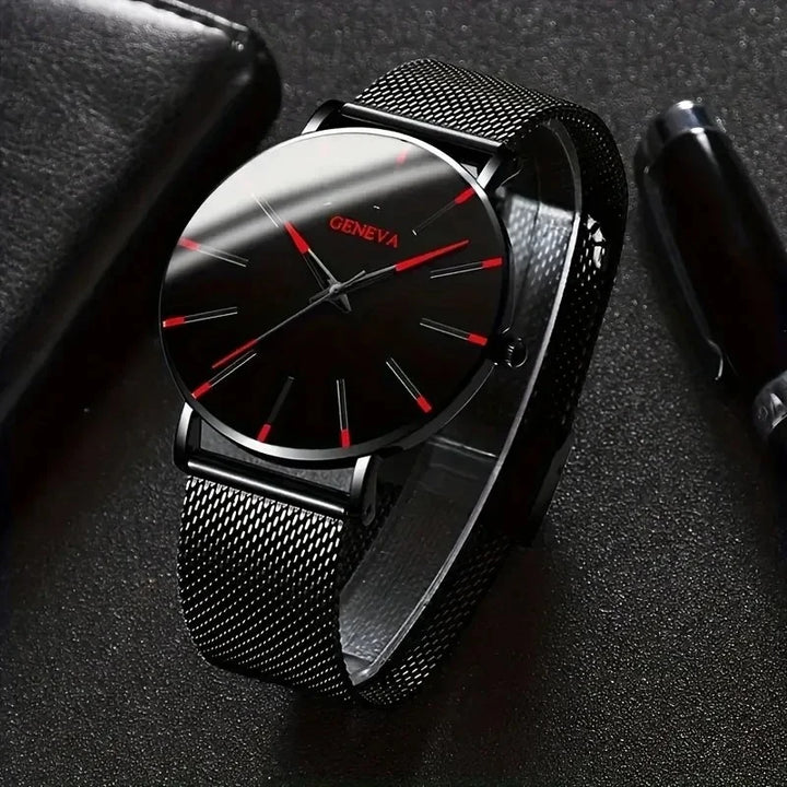 Fashion Men's Quartz Watch Set, Business Casual Timepiece with Beaded Cuff, Alloy Case & Scratch-Resistant Glass