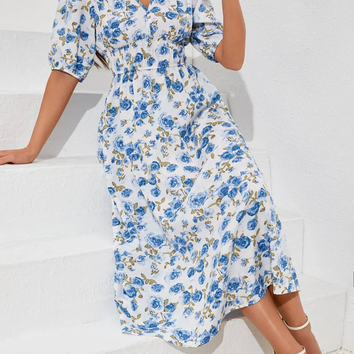 New Boho Floral Print Midi Dress Women Fashion V-neck Short Sleeve Dresses For Women 2025 Summer Casual Holiday Long Dress