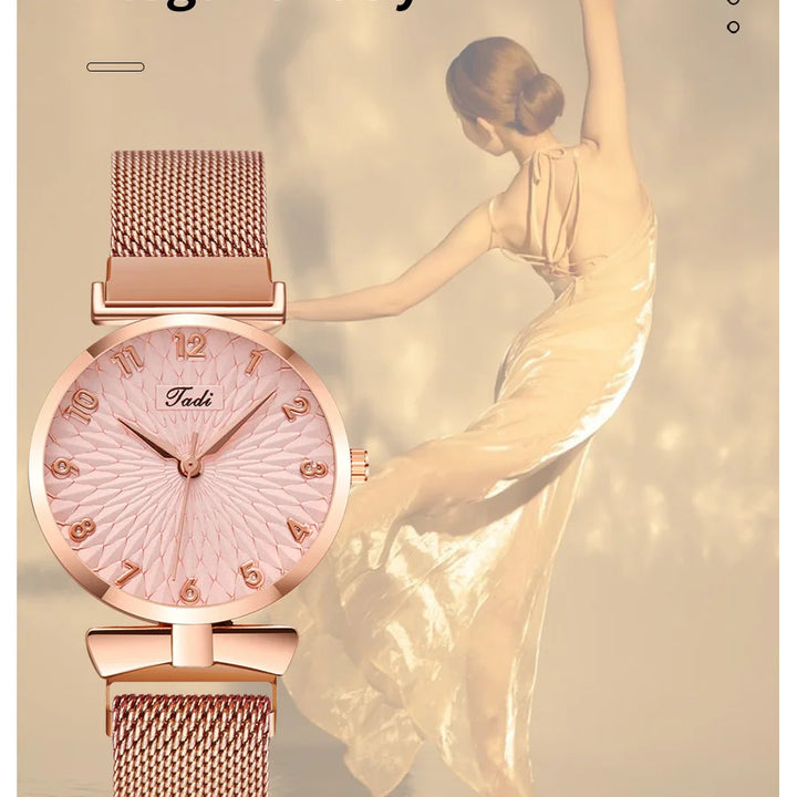 2PCS Set Women's Watch Set Trendy Pink Design Mesh Belt Alloy Wristwatch Fashionable Timepiece Quartz Watch Lady