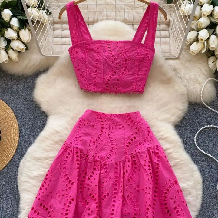Holliday Midi Dress White Two Piece Sets Women Summer Crop Tops Short Skirts Suits Embroidery Hollow Out Beach Cotton Vestidos