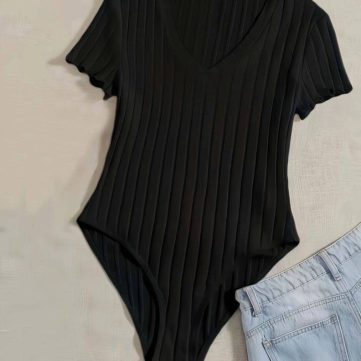 Elegant & Sexy Ribbed V-Neck Bodysuit with Lettuce Trim-Semi-Sheer Comfort Fit Easy Care - Perfect for Spring to Fall