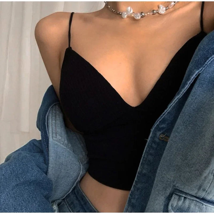Rib Solid Women Seamless Crop Top Underwear Wire-Free V-Shaped Camisole Thin Straps Bra Bralette Lingerie One-Piece Tube Tops
