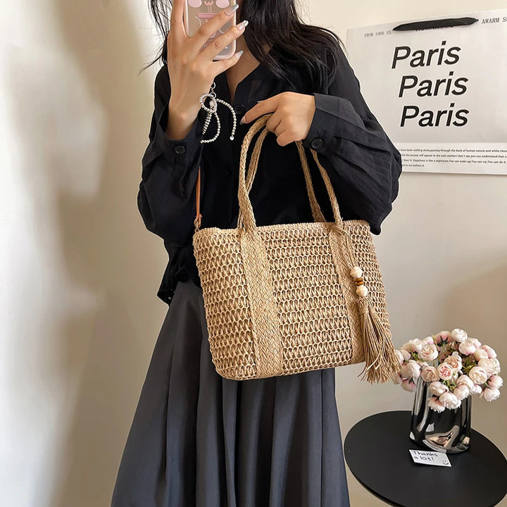 Summer Straw Bag Women Large Capacity  Shoulder Messenger Bags Handmade Woven Handbag Bohemia Vacation Rattan Beach Purse 2024