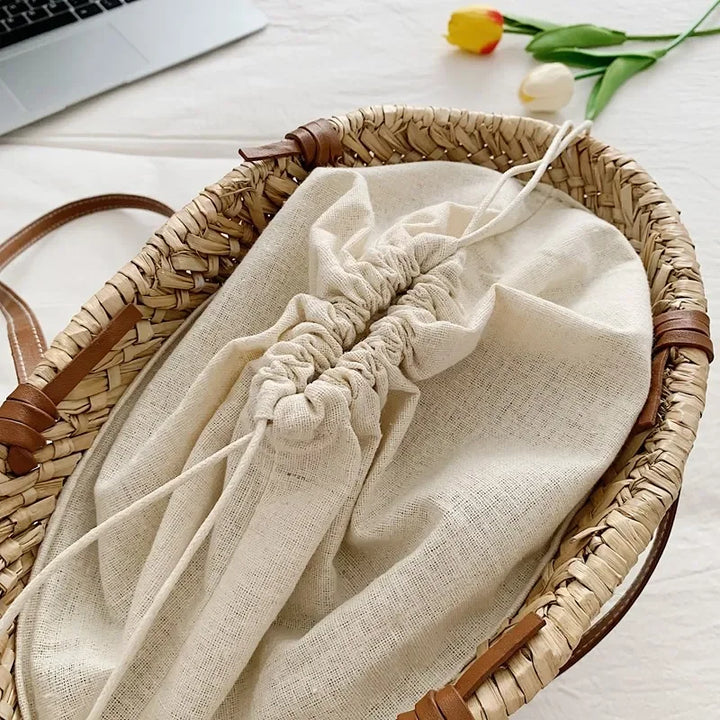 Summer Straw Handbag Boho Beach Shoulder Bag Woven Bucket Shopping Bag Handmade Rattan Bag Lady Top Handle Tote 2 set Handbag