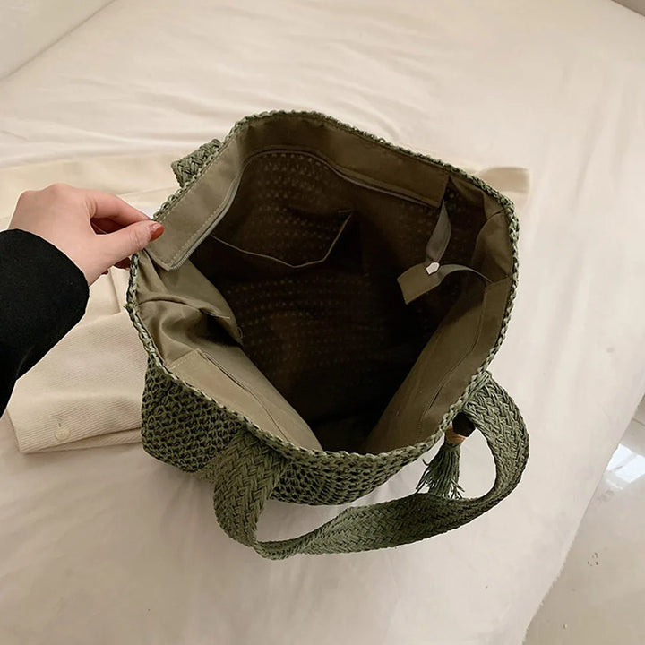 Summer Straw Women Bag Hand-Woven Handbags Handmade Raffia Beach Boho Shoulder Bag Large Tote Bag Tassel Shopping Purses