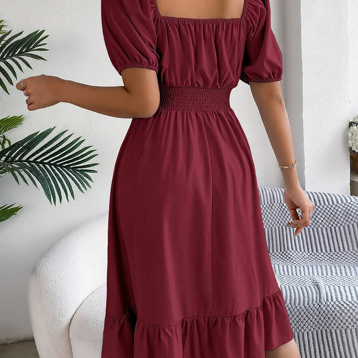 Women's MIidi Dresses 2025 Summer Casual Square Neck Short Sleeved Waist Ruffle Edge Dress Dress Women Elegant Платья Женские