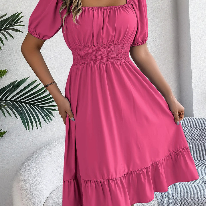 Women's MIidi Dresses 2025 Summer Casual Square Neck Short Sleeved Waist Ruffle Edge Dress Dress Women Elegant Платья Женские