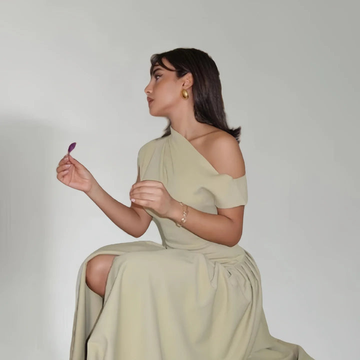 Elegant Pleated Midi Dress for Women Fashion Street Short Sleeve Patchwork Long Dress Casual Office Lady Irregular Neck Vestidos
