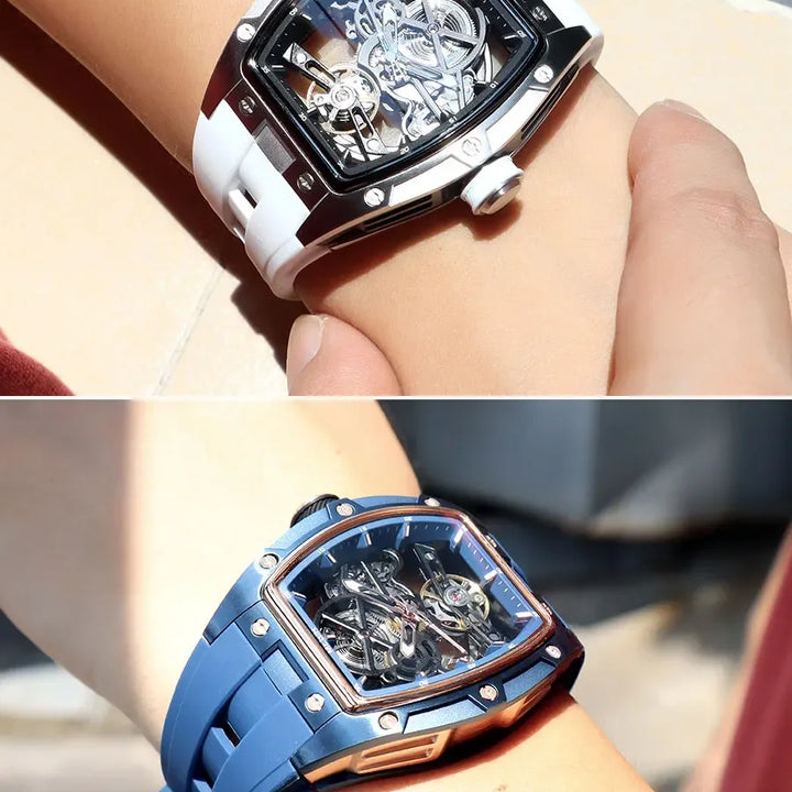 MEGIR Men's Automatic Mechanical Watch with Stainless Steel Case Silicone Band Skeleton Dial Waterproof Sport Wristwatch