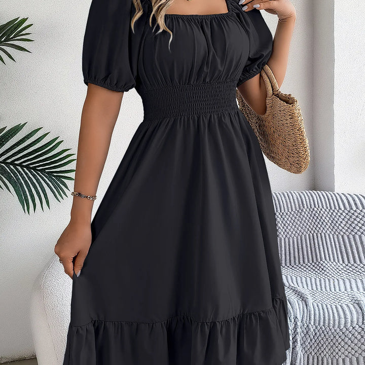 Women's MIidi Dresses 2025 Summer Casual Square Neck Short Sleeved Waist Ruffle Edge Dress Dress Women Elegant Платья Женские