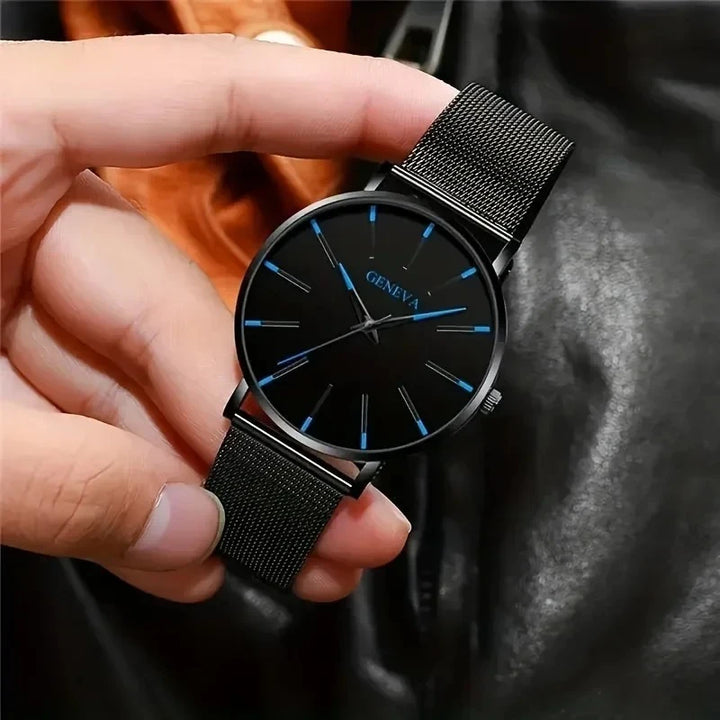 Fashion Men's Quartz Watch Set, Business Casual Timepiece with Beaded Cuff, Alloy Case & Scratch-Resistant Glass