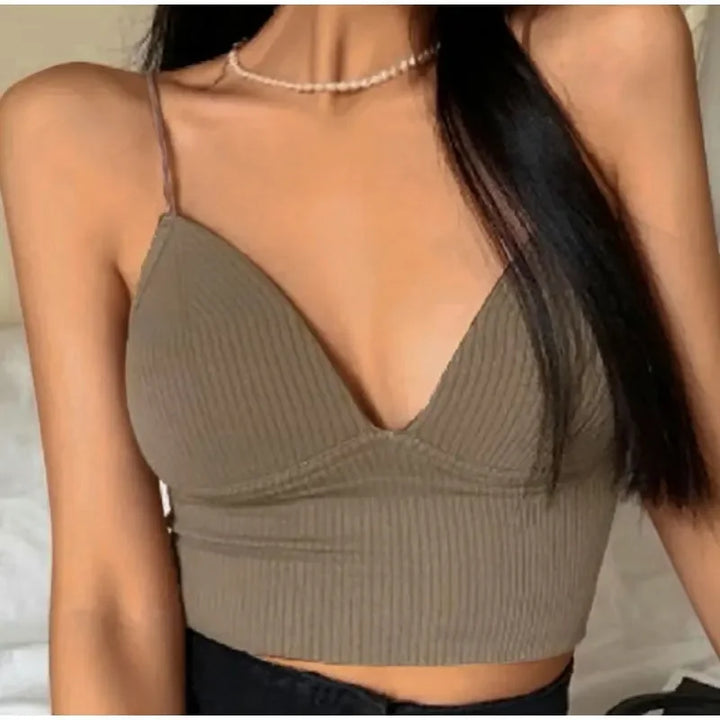 Rib Solid Women Seamless Crop Top Underwear Wire-Free V-Shaped Camisole Thin Straps Bra Bralette Lingerie One-Piece Tube Tops