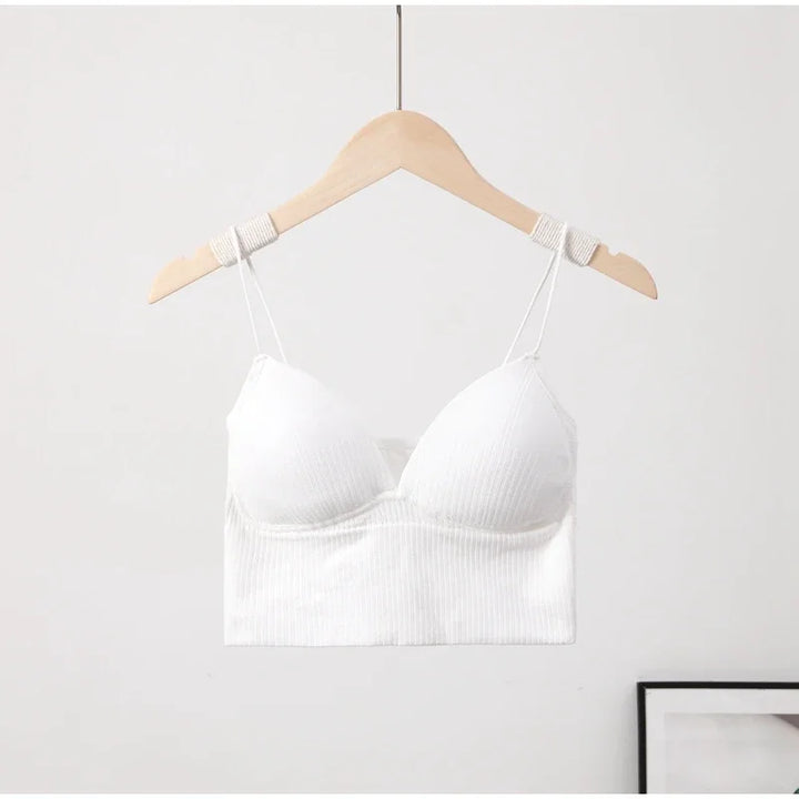 Rib Solid Women Seamless Crop Top Underwear Wire-Free V-Shaped Camisole Thin Straps Bra Bralette Lingerie One-Piece Tube Tops