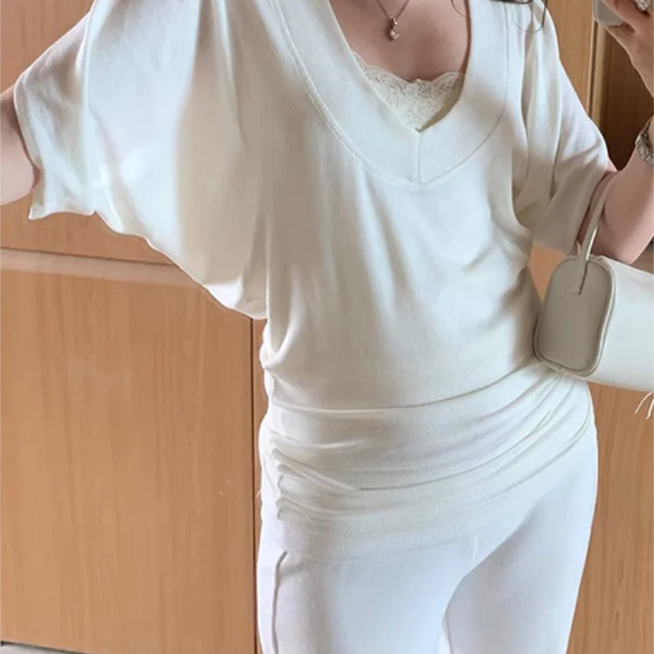 Ribbed Tops Loose V-neck Short Sleeve T-shirt for Woman Summer New Simple Basic Top Design Bat Sleeve T-shirt Casual Y2k Clothes