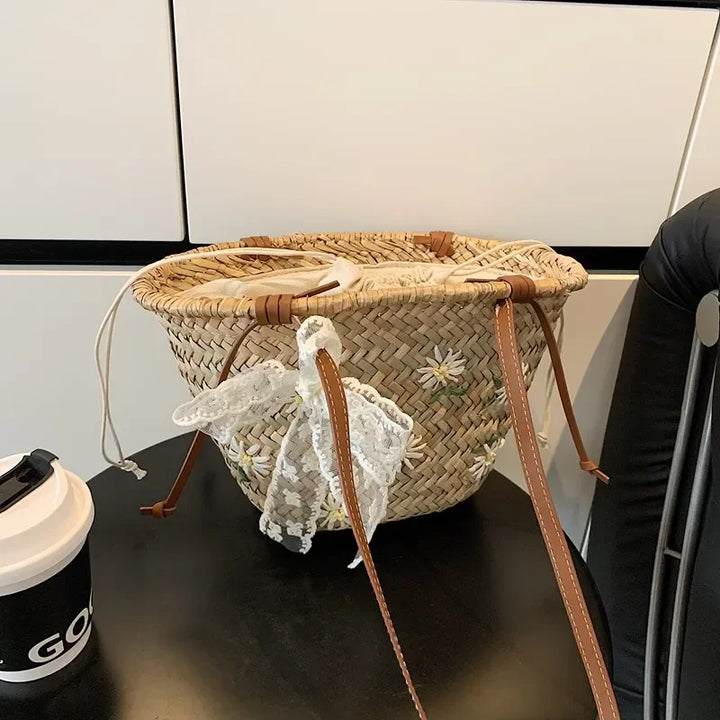 Summer Straw Handbag Boho Beach Shoulder Bag Woven Bucket Shopping Bag Handmade Rattan Bag Lady Top Handle Tote 2 set Handbag