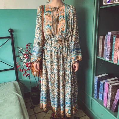 Boho Ethnic long sleeve midi dresses for women Robe vintage floral printed cotton rayon dress Autumn tunic casual Loose vestidos