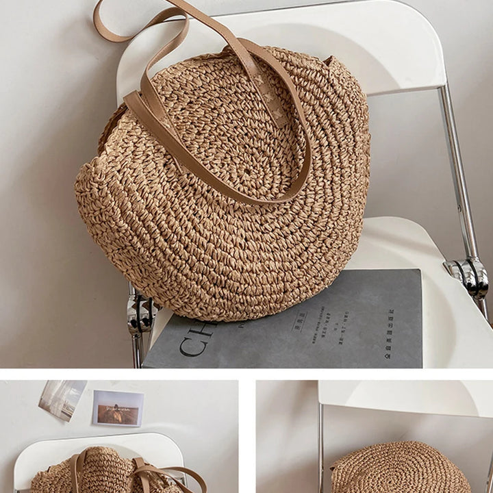 Summer Round Straw Bags for Women Rattan Shoulder Bag Travel Handmade Woven Beach Handbags Female Large Capacity Totes Bag