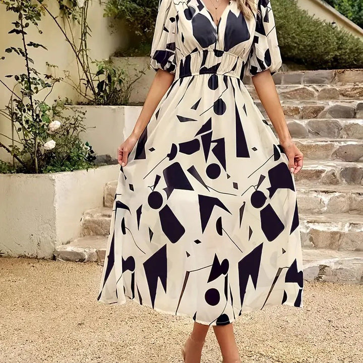 New Boho Floral Print Midi Dress Women Fashion V-neck Short Sleeve Dresses For Women 2025 Summer Casual Holiday Long Dress
