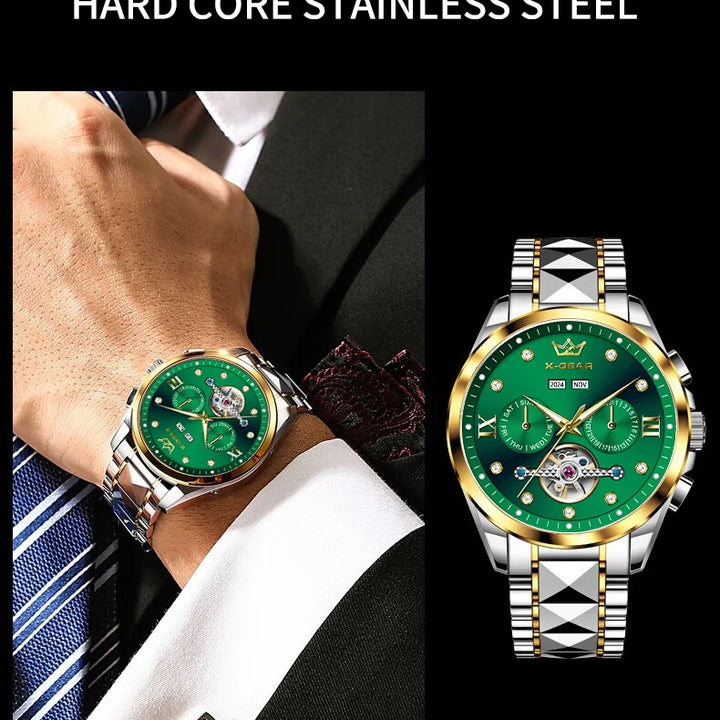 Men's Automatic Mechanical Watch with Tourbillon Waterproof Luminous Stainless Steel Strap Luxury Multi-Functional Timepiece