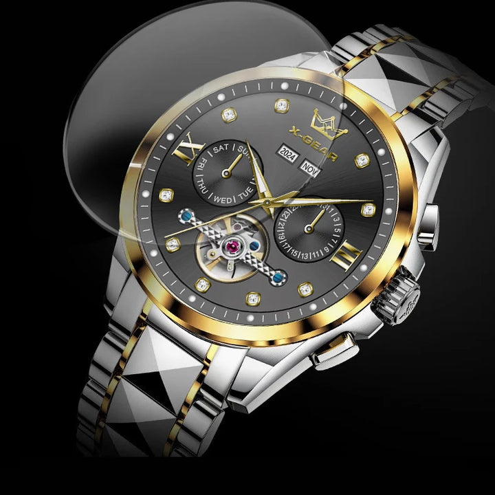 Men's Automatic Mechanical Watch with Tourbillon Waterproof Luminous Stainless Steel Strap Luxury Multi-Functional Timepiece
