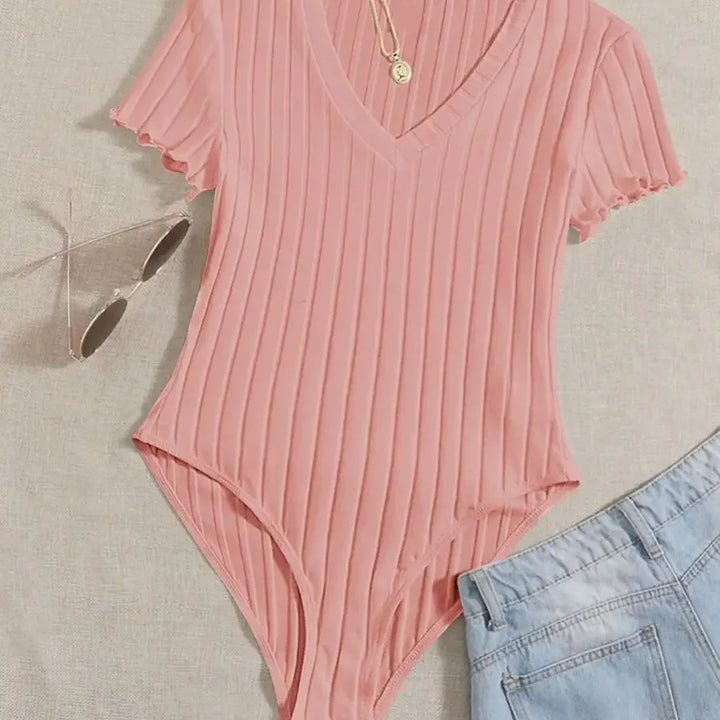 Elegant & Sexy Ribbed V-Neck Bodysuit with Lettuce Trim-Semi-Sheer Comfort Fit Easy Care - Perfect for Spring to Fall