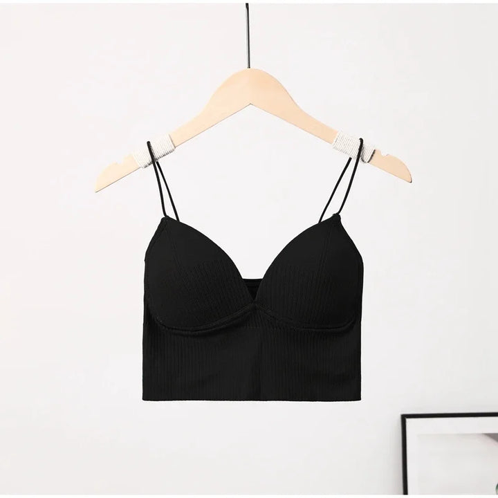 Rib Solid Women Seamless Crop Top Underwear Wire-Free V-Shaped Camisole Thin Straps Bra Bralette Lingerie One-Piece Tube Tops