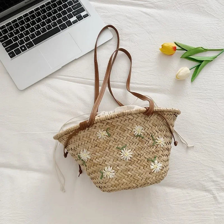 Summer Straw Handbag Boho Beach Shoulder Bag Woven Bucket Shopping Bag Handmade Rattan Bag Lady Top Handle Tote 2 set Handbag