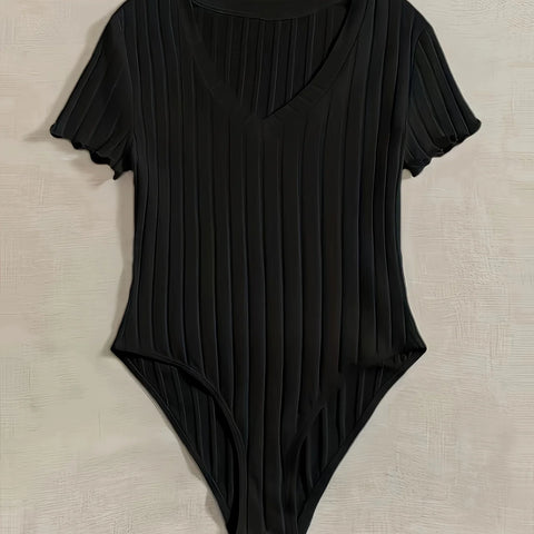 Elegant & Sexy Ribbed V-Neck Bodysuit with Lettuce Trim-Semi-Sheer Comfort Fit Easy Care - Perfect for Spring to Fall