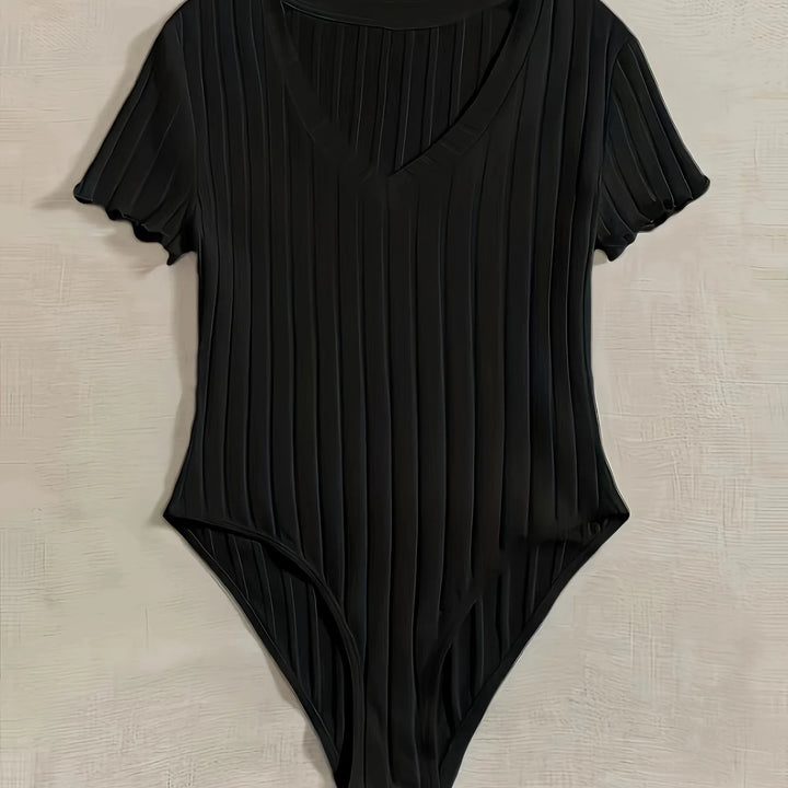 Elegant & Sexy Ribbed V-Neck Bodysuit with Lettuce Trim-Semi-Sheer Comfort Fit Easy Care - Perfect for Spring to Fall
