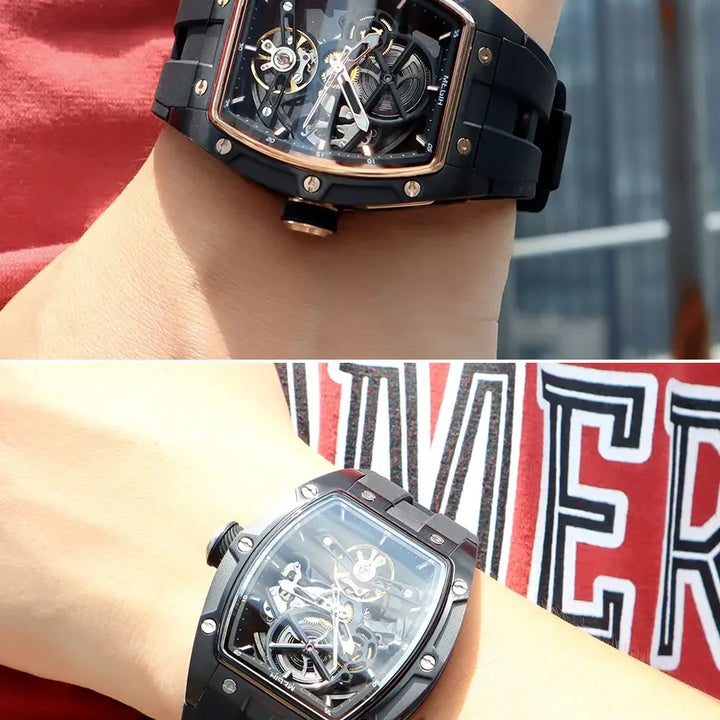 MEGIR Men's Automatic Mechanical Watch with Stainless Steel Case Silicone Band Skeleton Dial Waterproof Sport Wristwatch