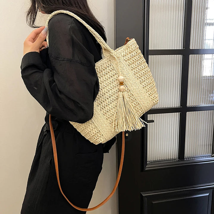Summer Straw Bag Women Large Capacity  Shoulder Messenger Bags Handmade Woven Handbag Bohemia Vacation Rattan Beach Purse 2024