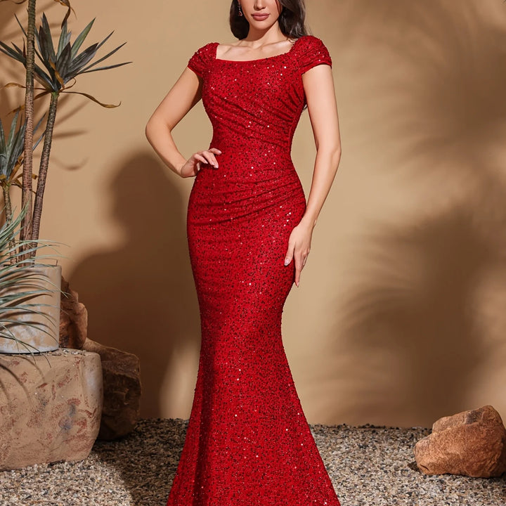 Simple and elegant square neck sequined hip party dress skirt, elegant and chic dress