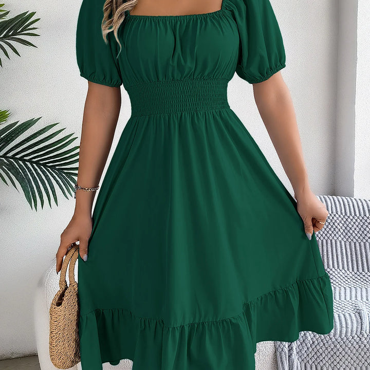 Women's MIidi Dresses 2025 Summer Casual Square Neck Short Sleeved Waist Ruffle Edge Dress Dress Women Elegant Платья Женские