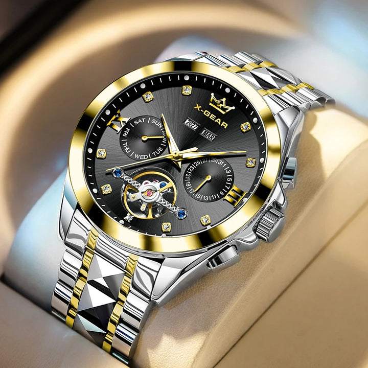 Men's Automatic Mechanical Watch with Tourbillon Waterproof Luminous Stainless Steel Strap Luxury Multi-Functional Timepiece
