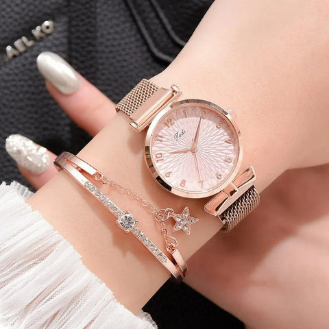 2PCS Set Women's Watch Set Trendy Pink Design Mesh Belt Alloy Wristwatch Fashionable Timepiece Quartz Watch Lady